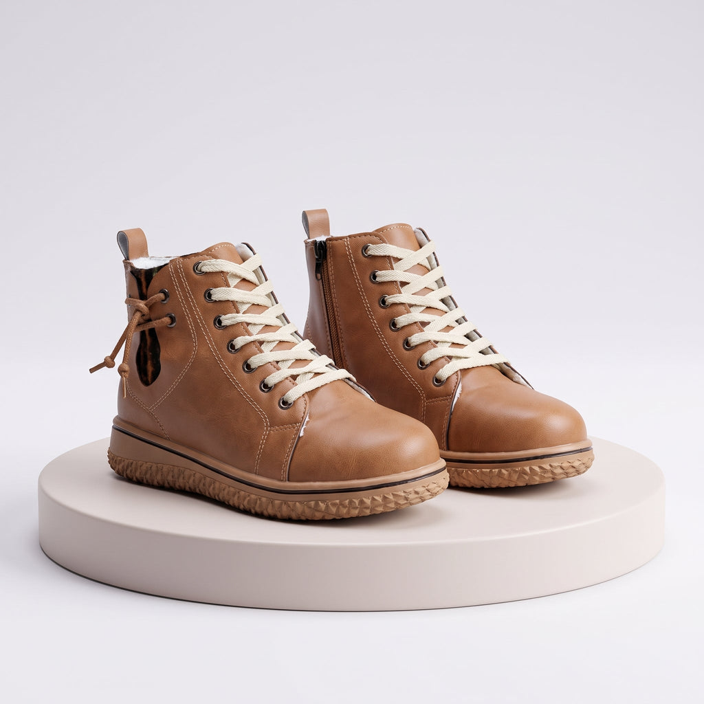 Women's Casual Ankle Boots with Lace-Up Detail - Light Brown