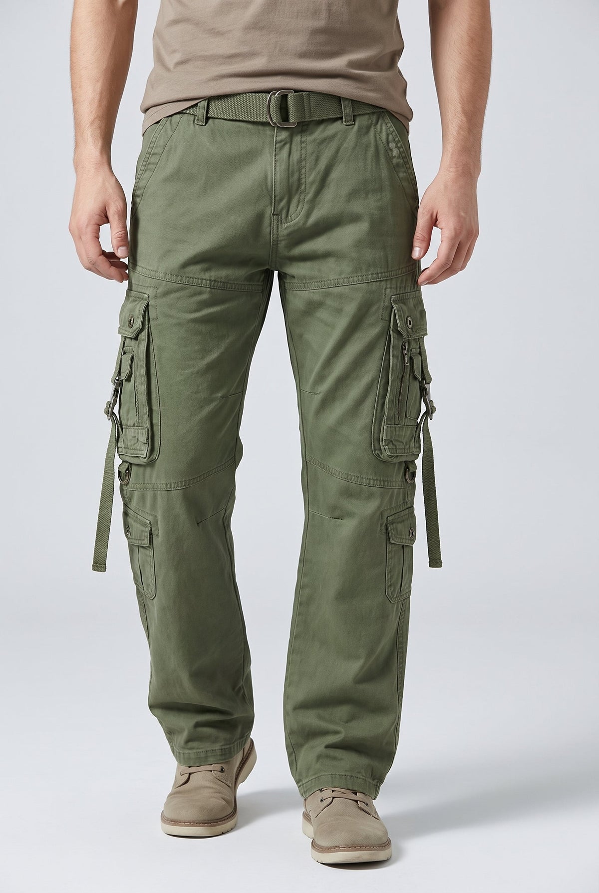 Men's Utility Cargo Pants with Belt - Light Green