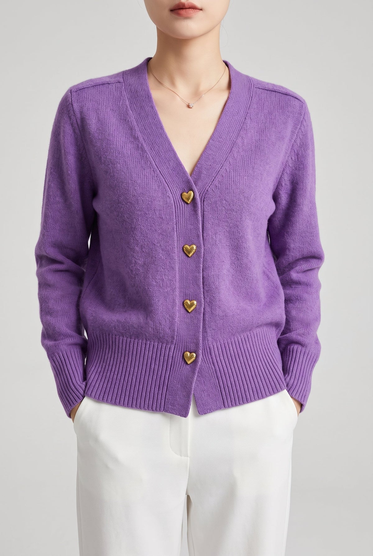 Women's Comfort Cardigan with Heart Buttons - Purple