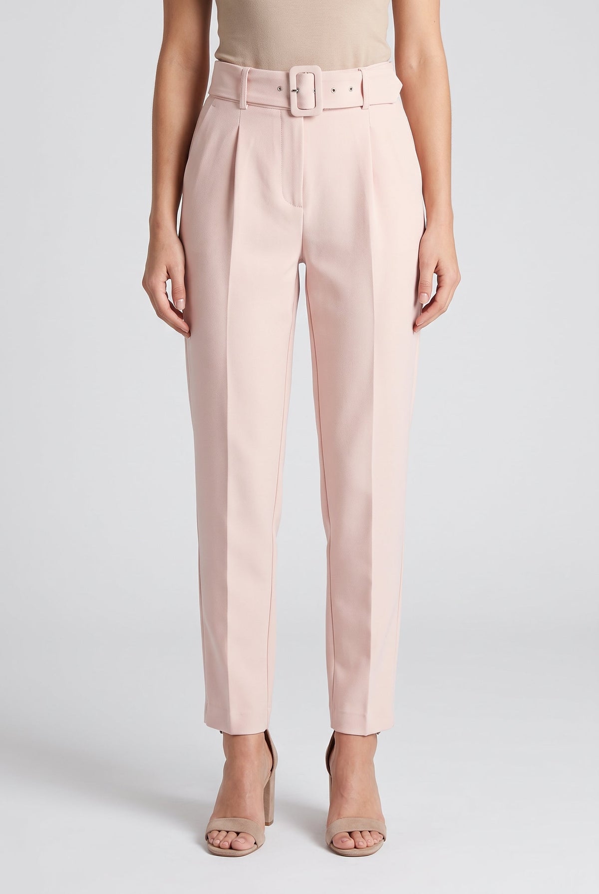 Women's High-Waist Belted Pants - Apricot