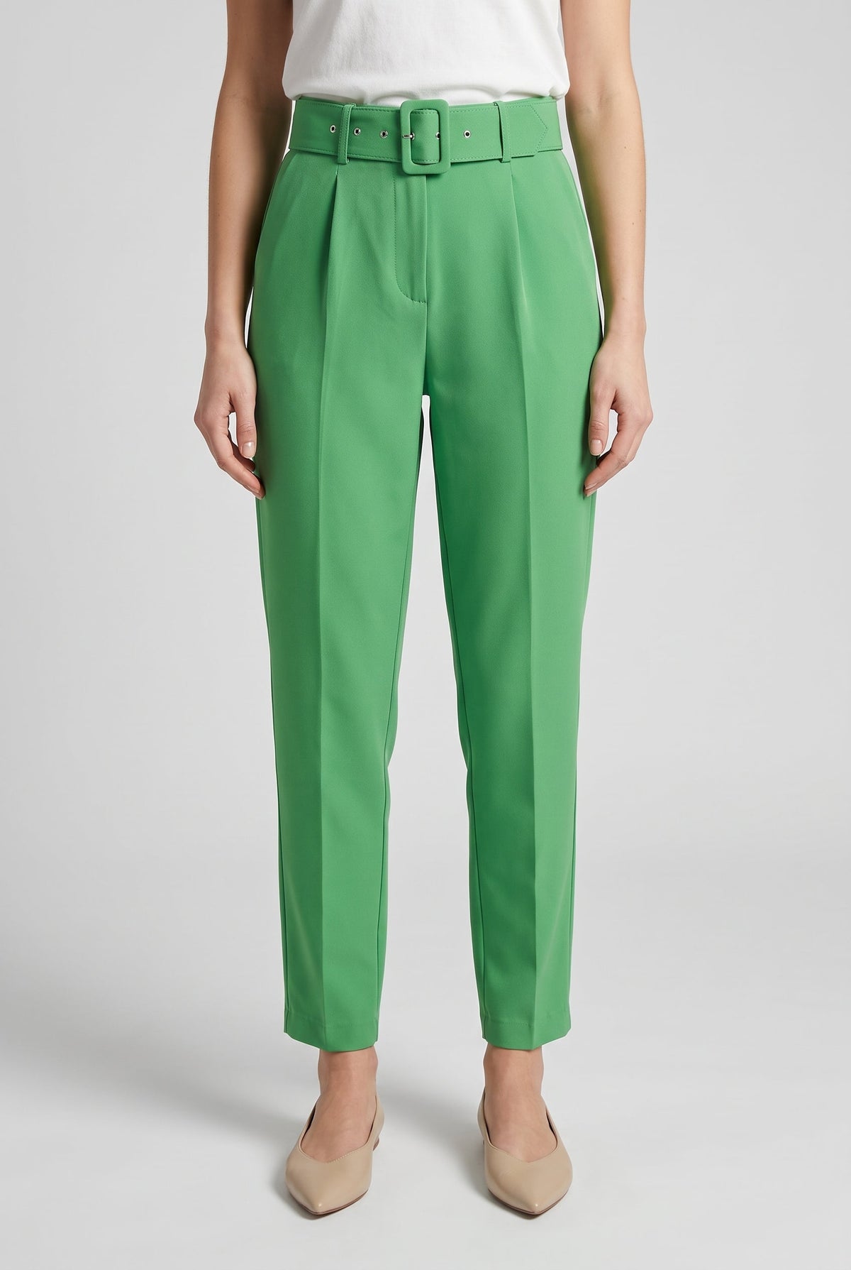 Women's High-Waist Belted Pants - Green