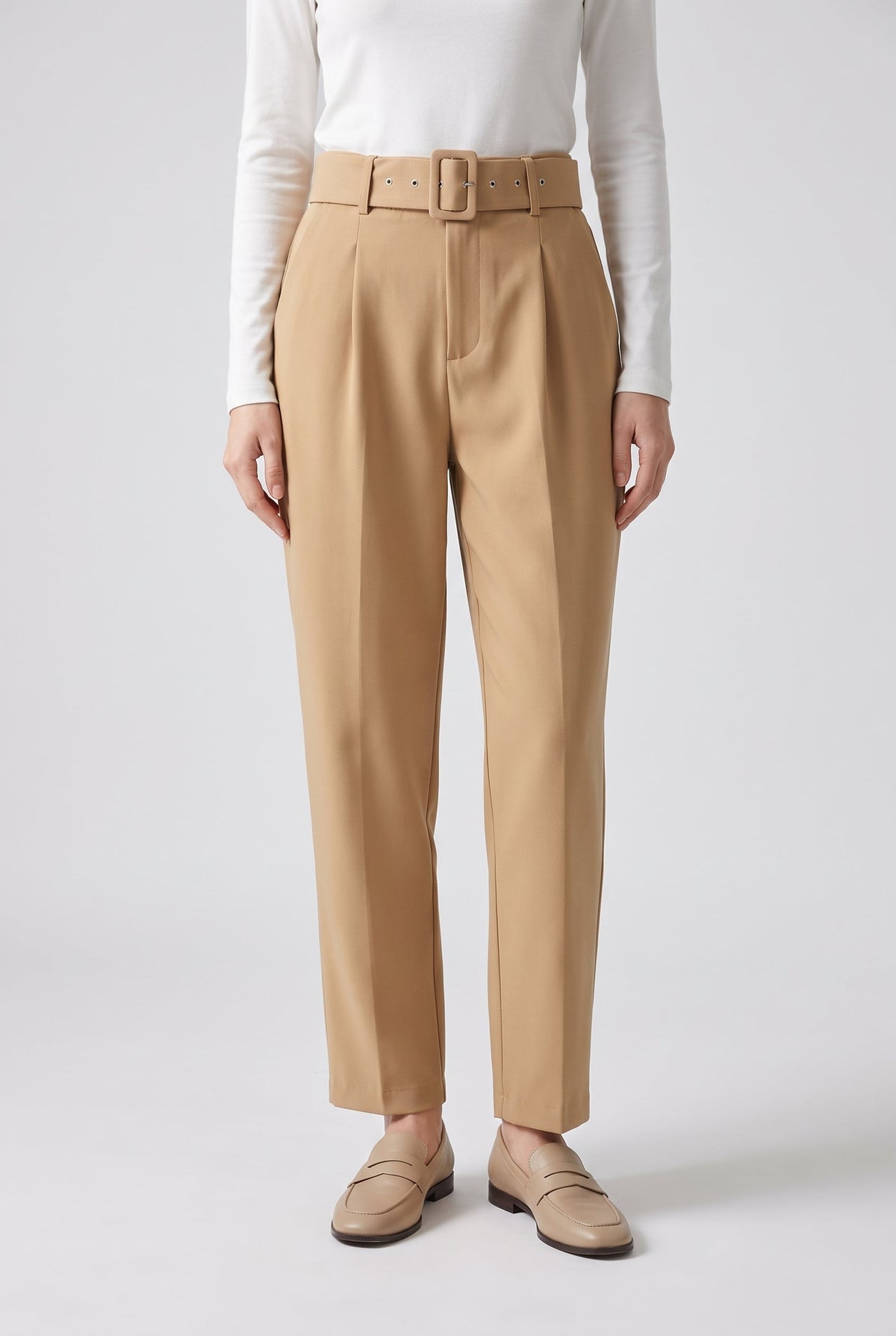 Women's High-Waist Belted Pants - Khaki