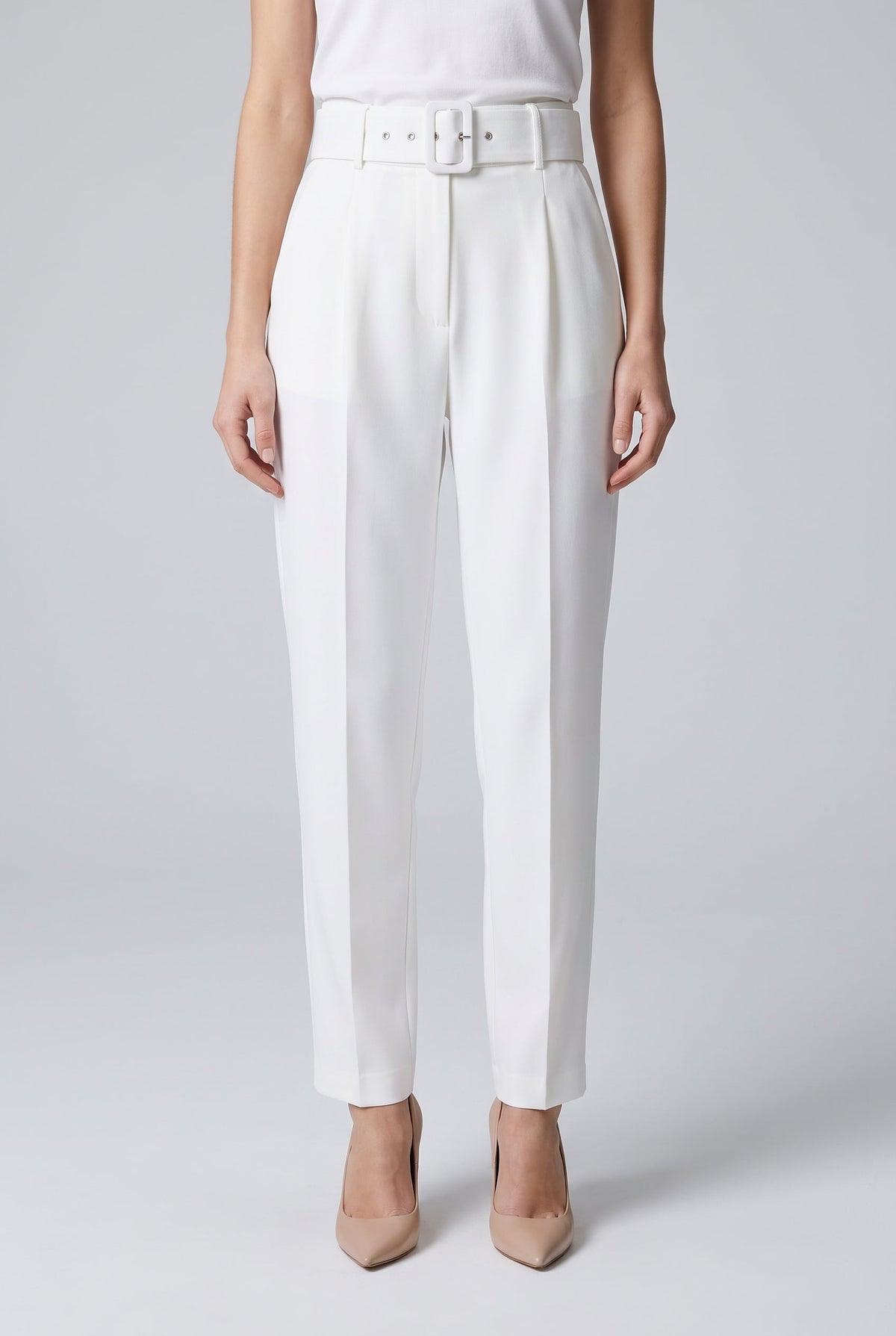 Women's High-Waist Belted Pants - White