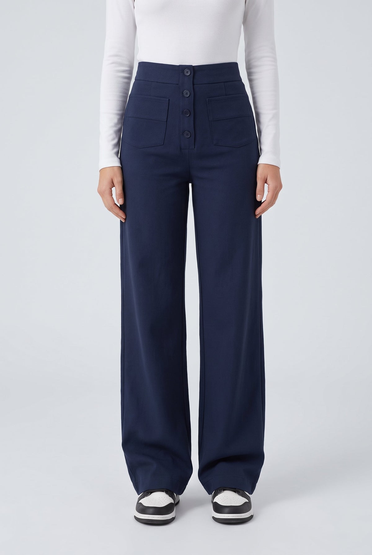 Women's Wide Leg Pants with Button Detail - Navy Blue