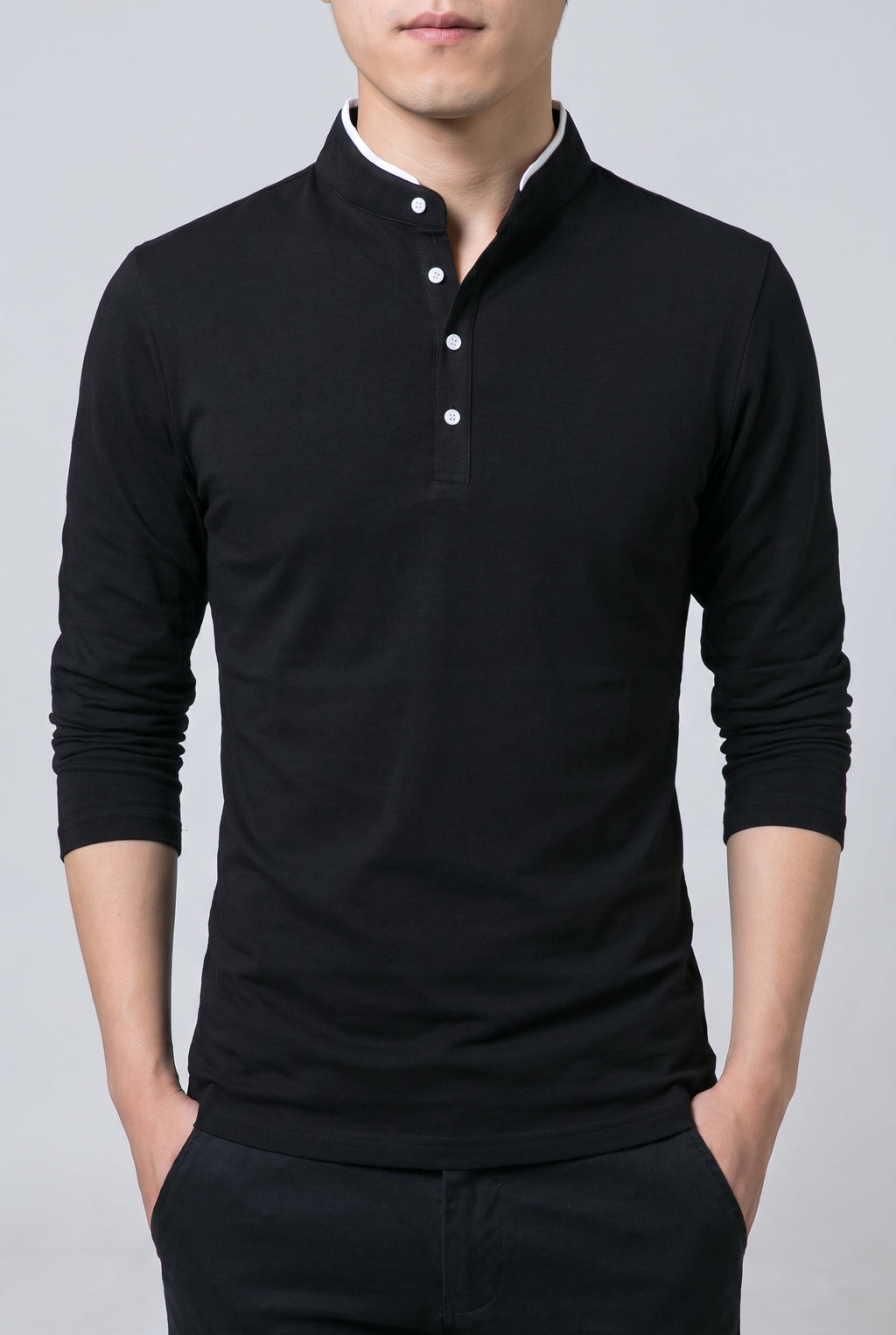 Men's Classic Long Sleeve Henley Shirt - Black