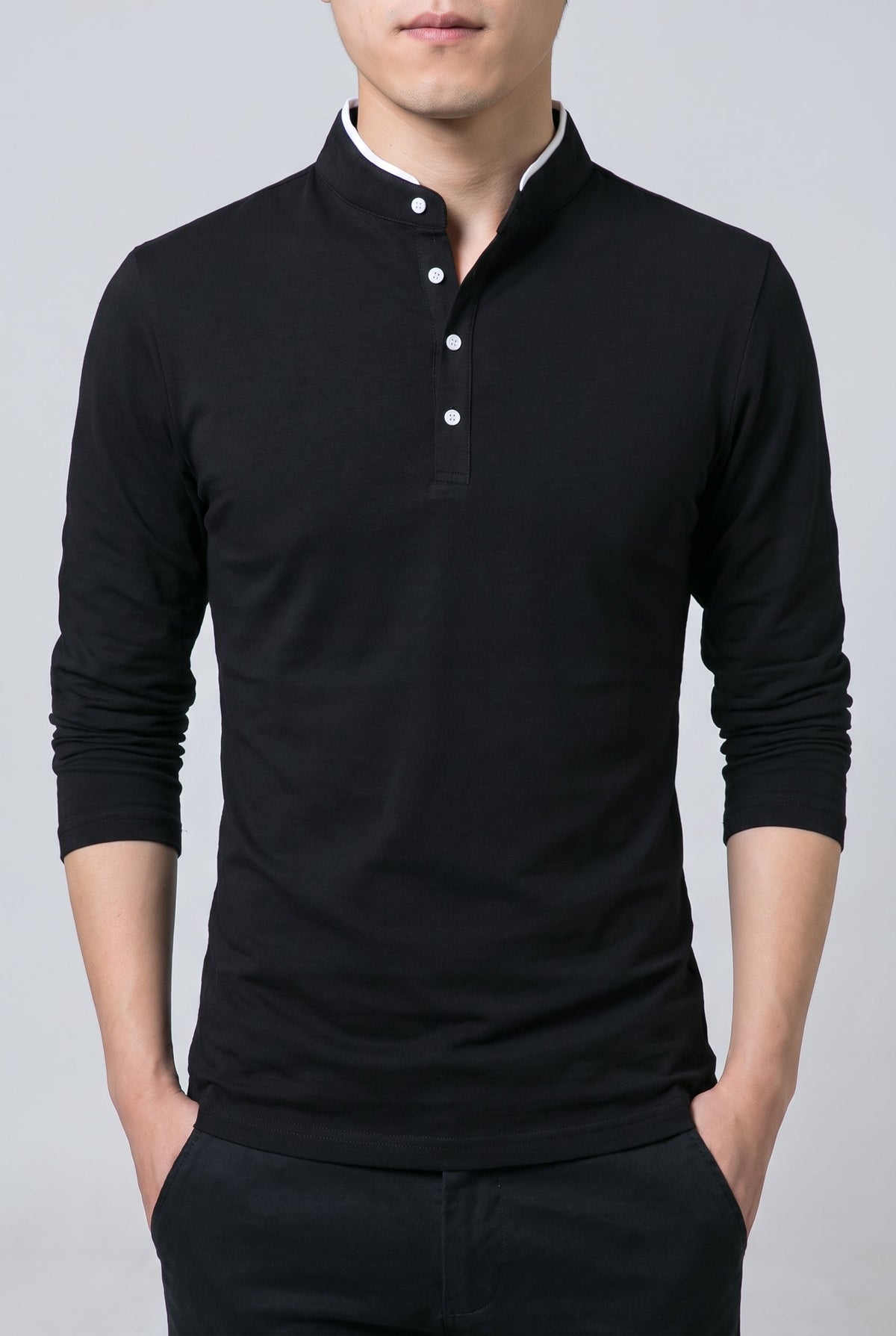 Men's Classic Long Sleeve Henley Shirt - Black