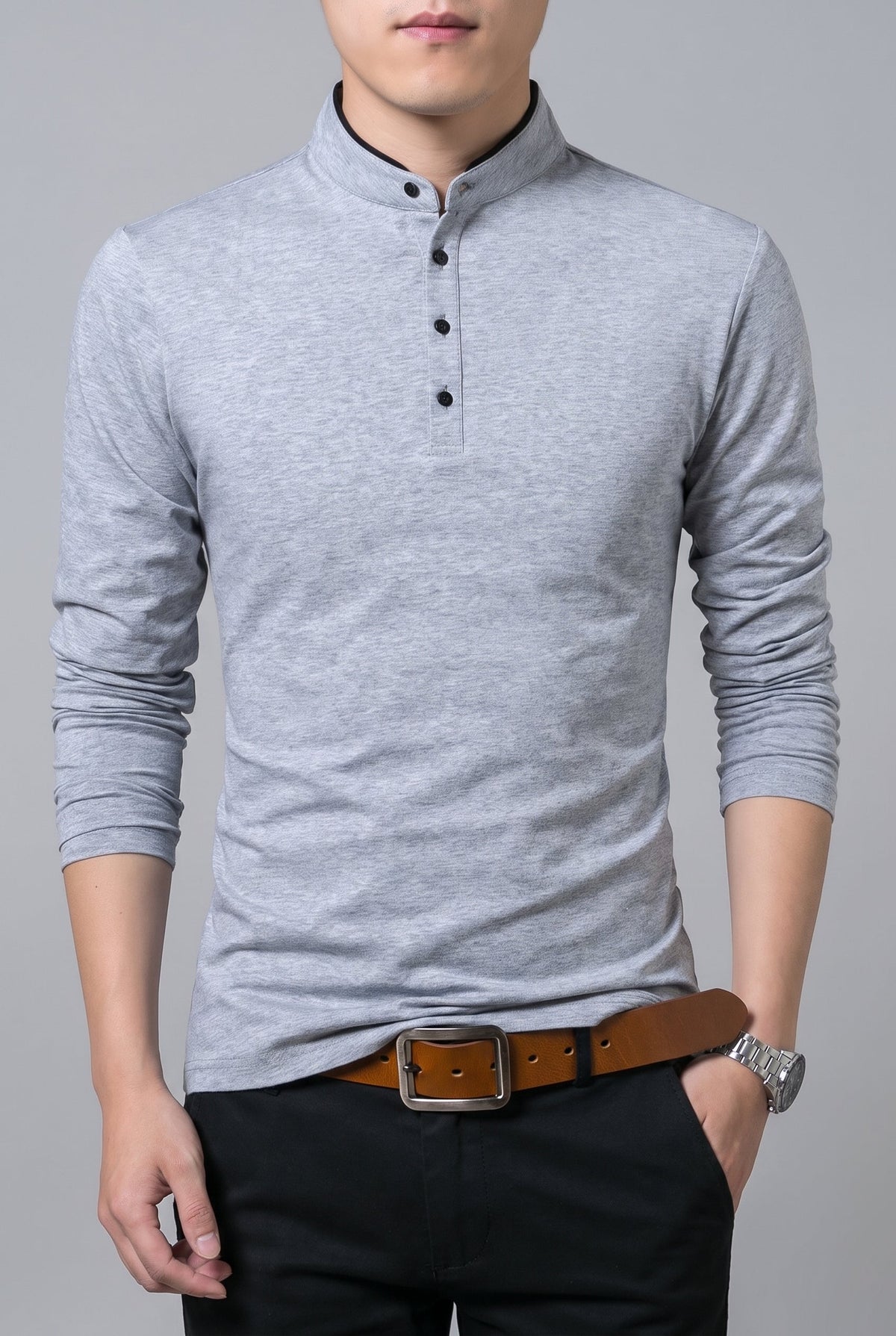 Men's Classic Long Sleeve Henley Shirt - Gray