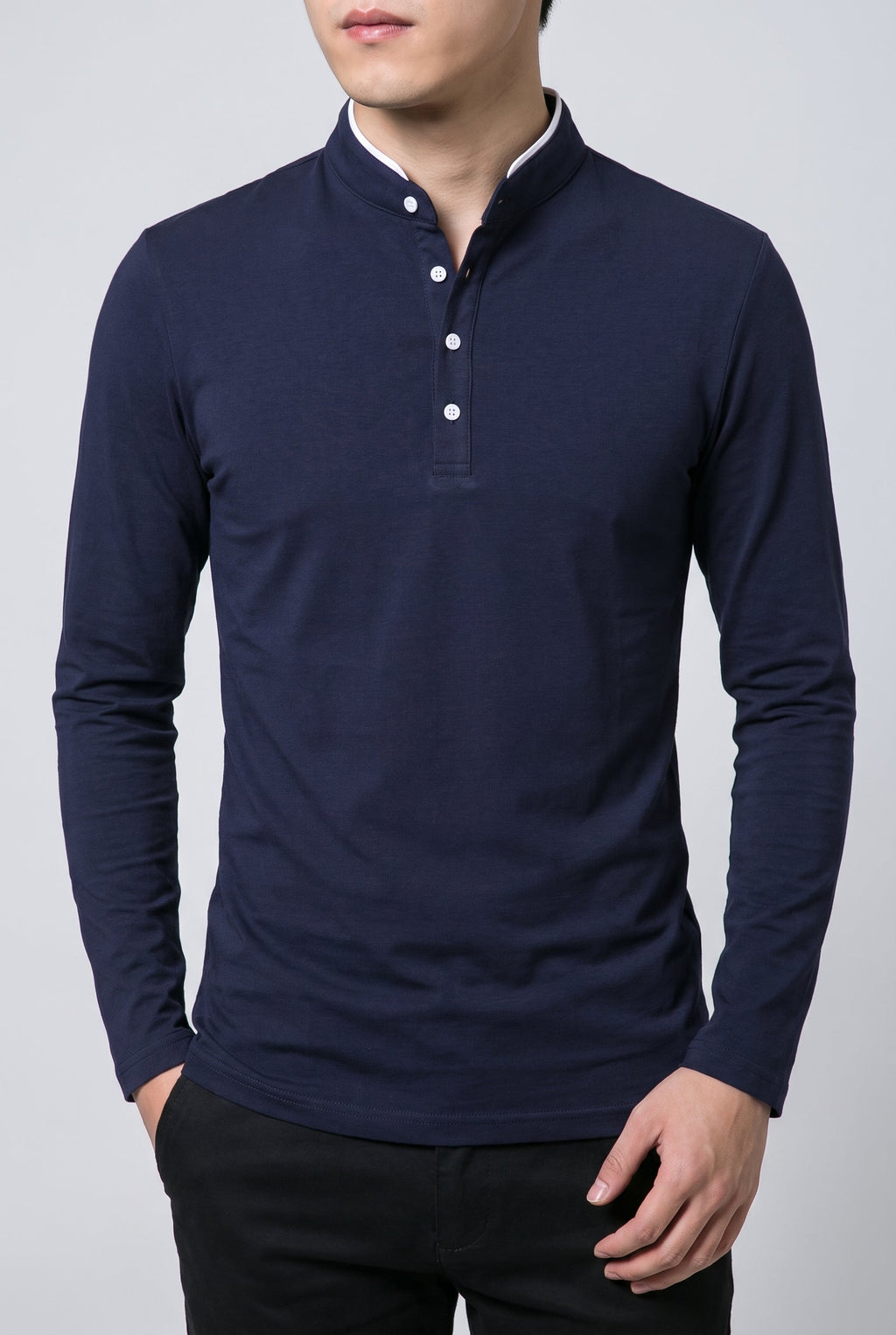 Men's Classic Long Sleeve Henley Shirt - Navy Blue