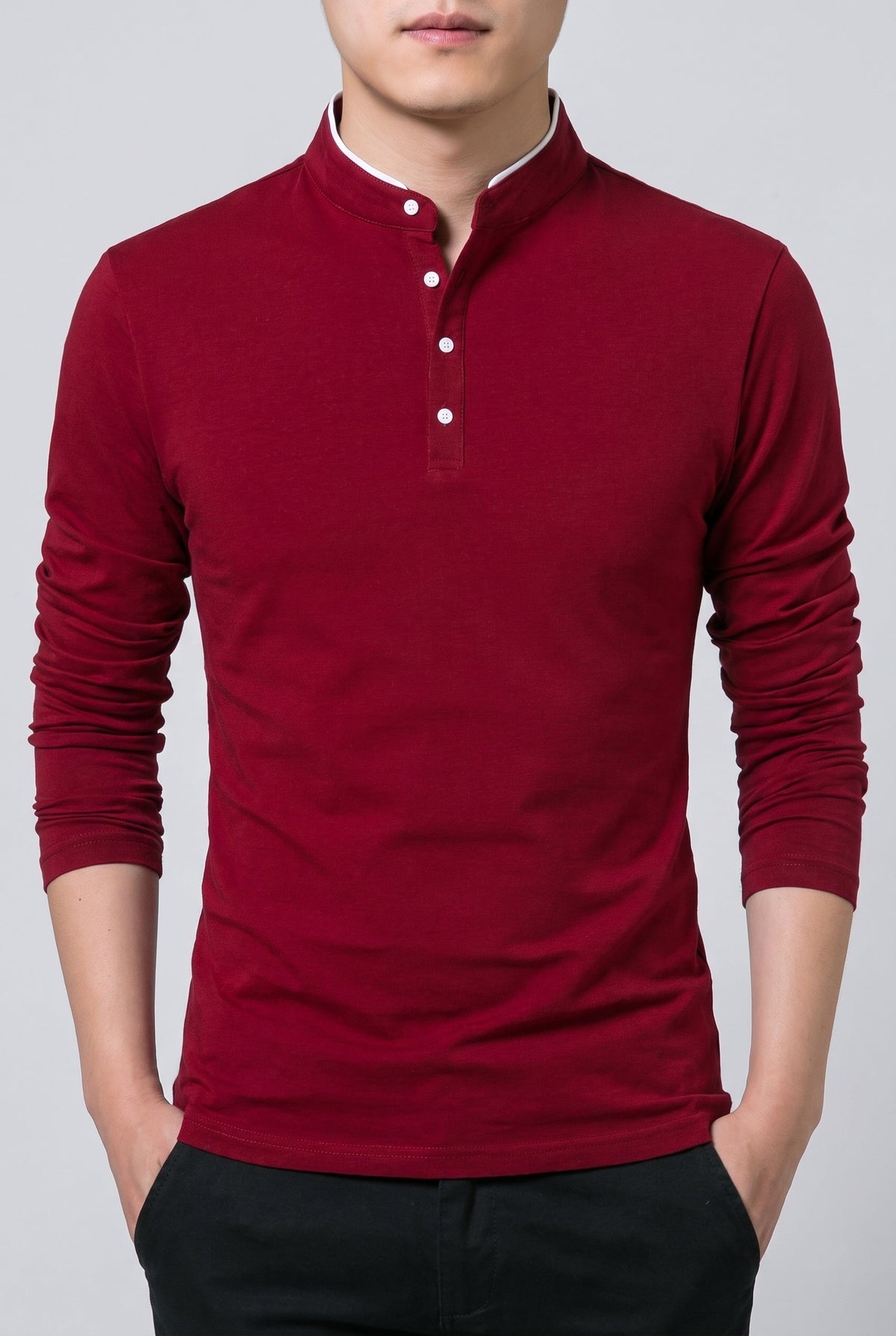 Men's Classic Long Sleeve Henley Shirt - Red