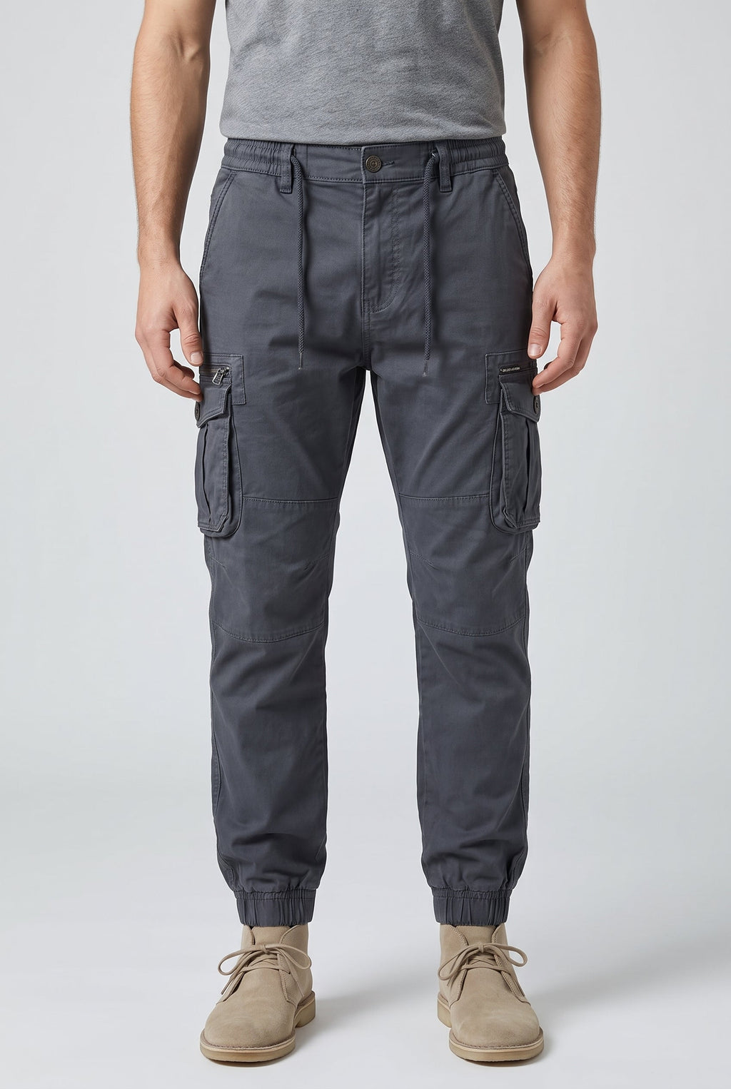 Men's Relaxed Fit Cargo Pants with Elastic Cuffs - Charcoal