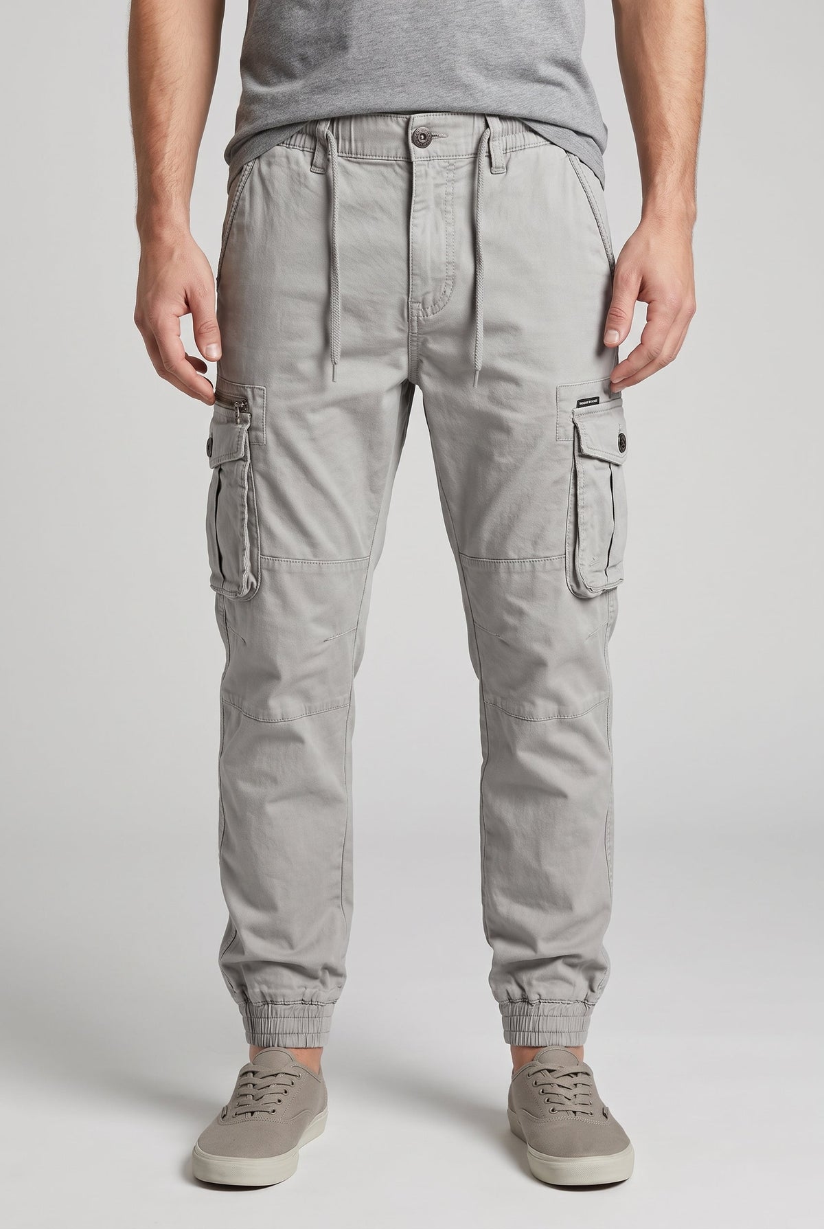 Men's Relaxed Fit Cargo Pants with Elastic Cuffs - Light Gray