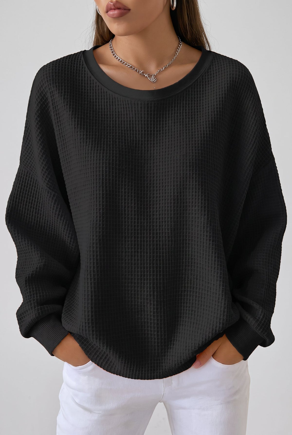 Women's Relaxed Waffle Knit Sweater - Black