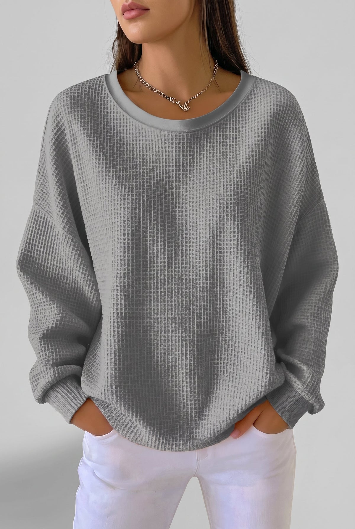 Women's Relaxed Waffle Knit Sweater - Gray