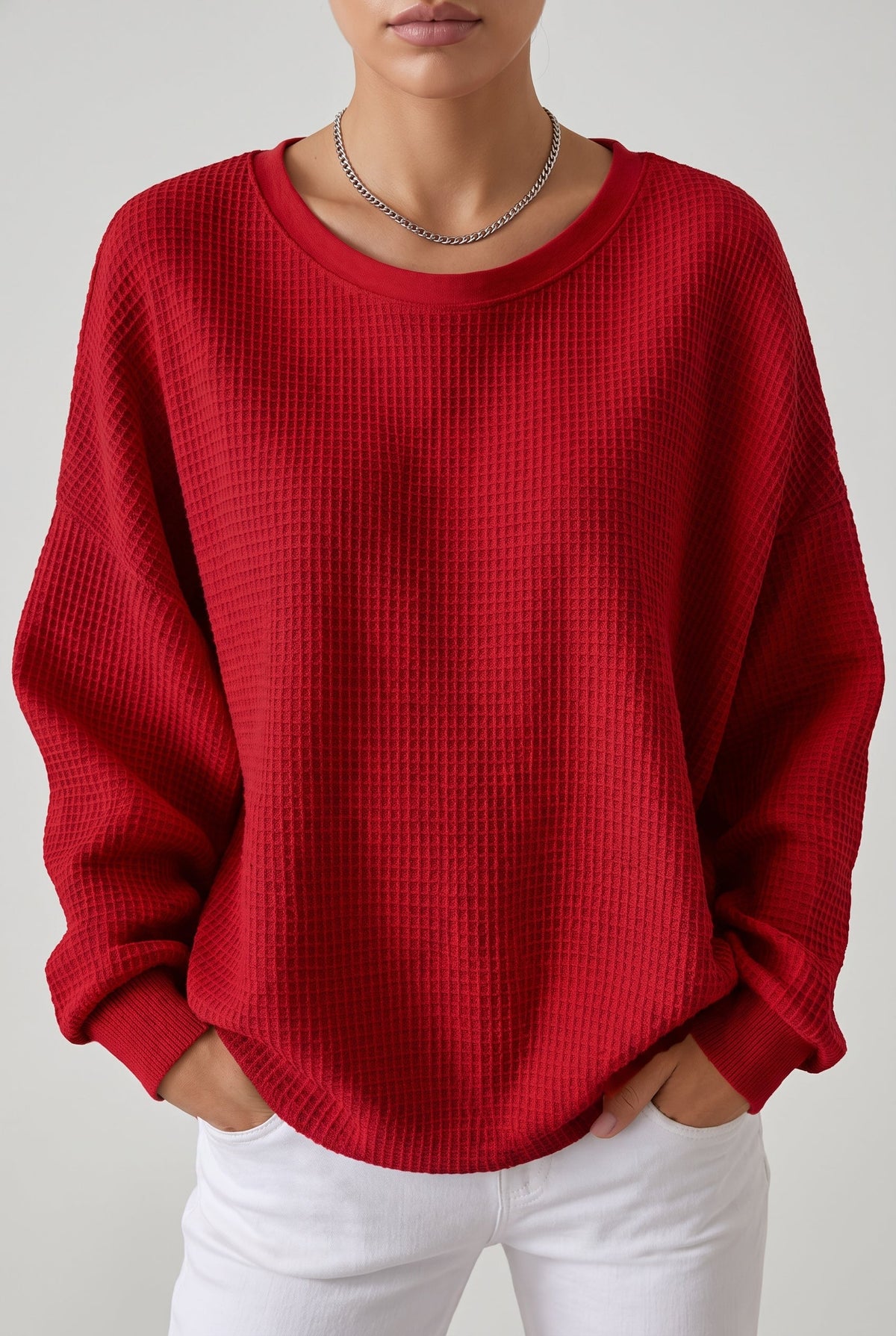 Women's Relaxed Waffle Knit Sweater - Red