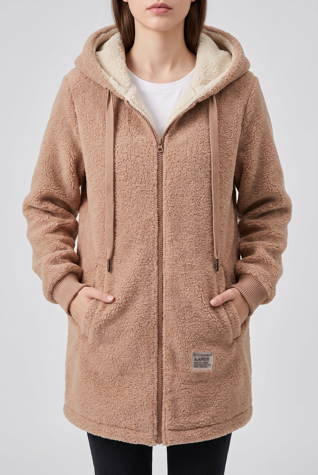 Women's Cozy Fleece Hoodie with Soft Sherpa Lining - Khaki