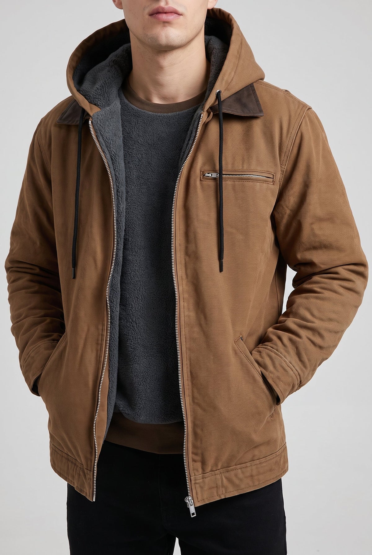 Men's Full Zip Fleece Hoodie Jacket - Brown