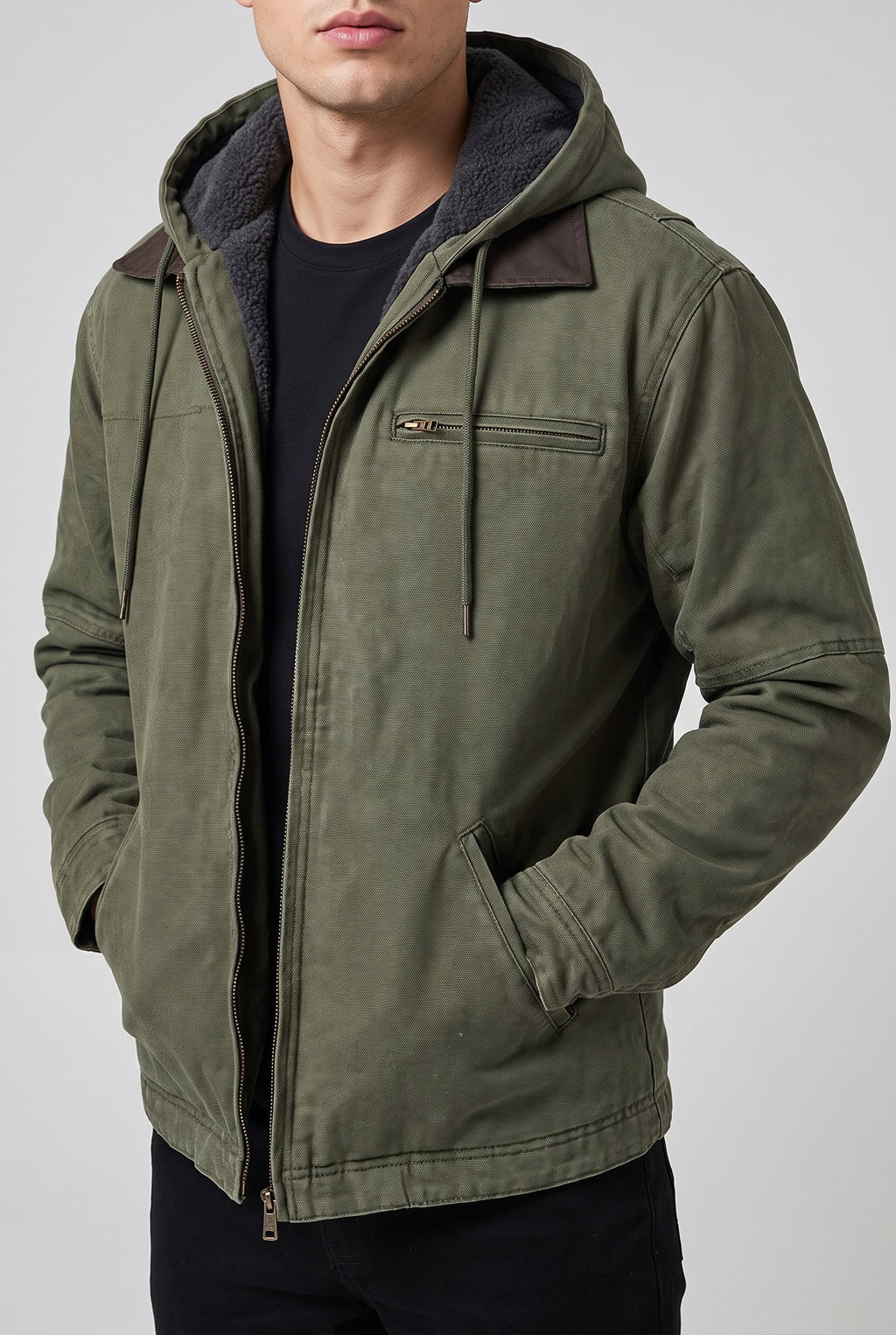 Men's Full Zip Fleece Hoodie Jacket - Olive Green