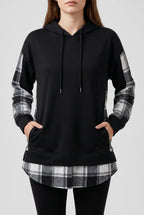 Women's Oversized Plaid Hoodie with Layered Look - Black
