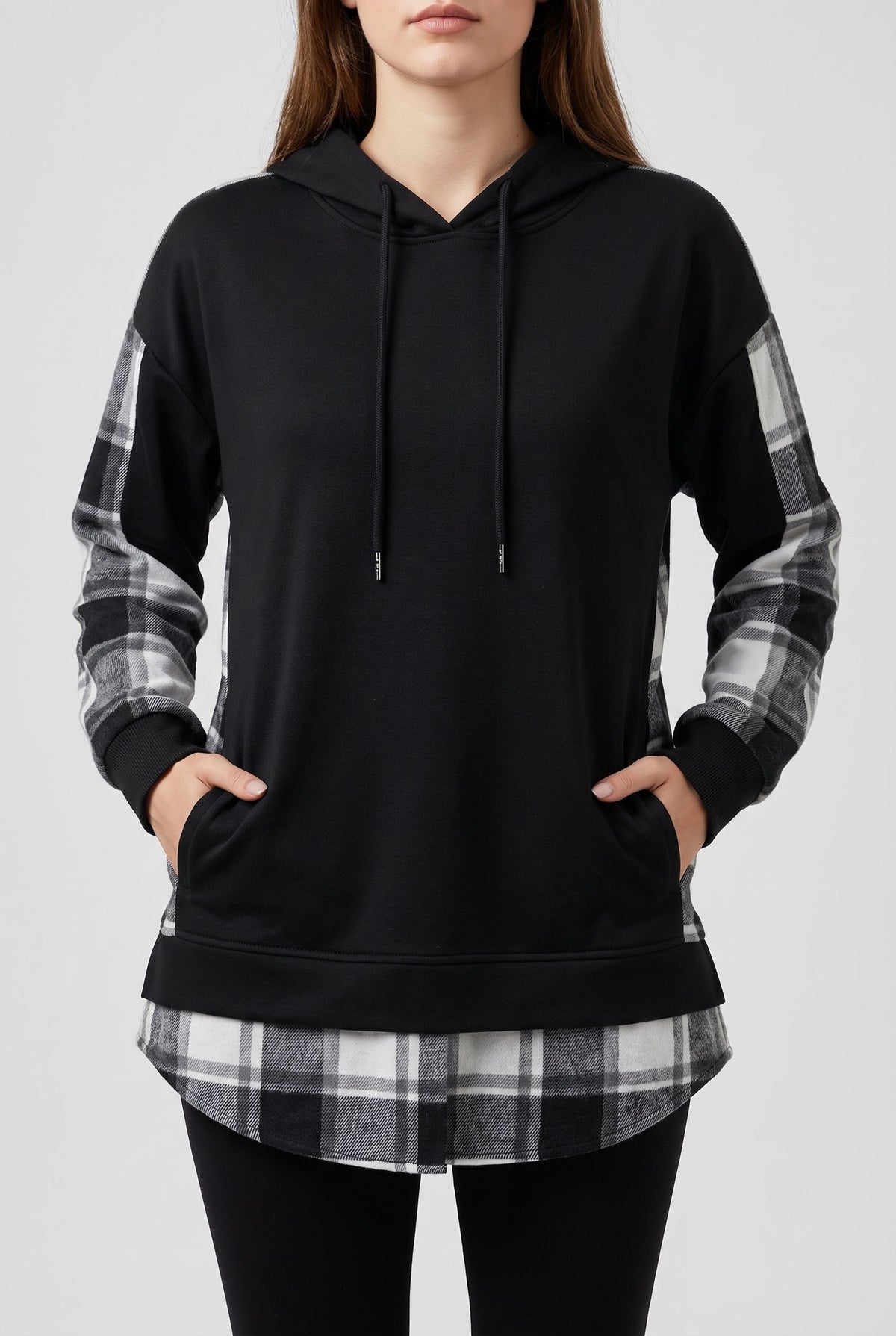 Women's Oversized Plaid Hoodie with Layered Look - Black
