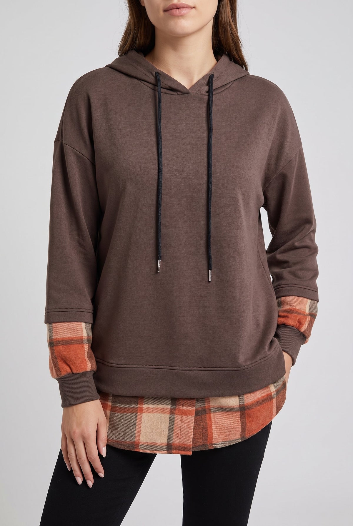 Women's Oversized Plaid Hoodie with Layered Look - Brown