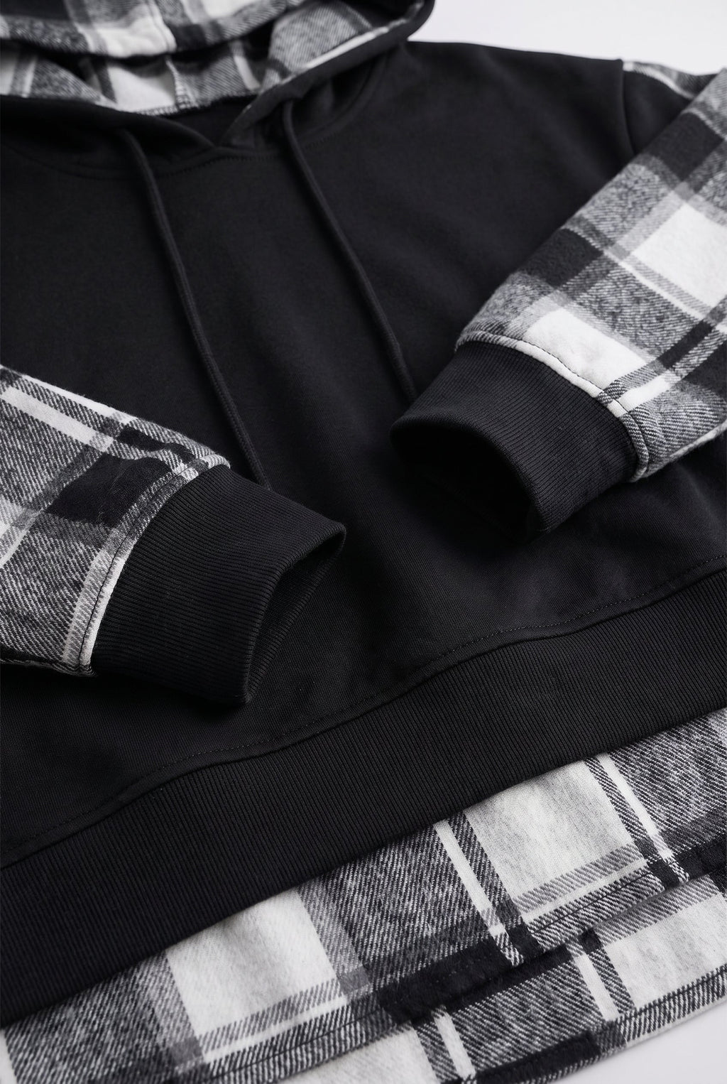 Women's Oversized Plaid Hoodie with Layered Look - detail closeup