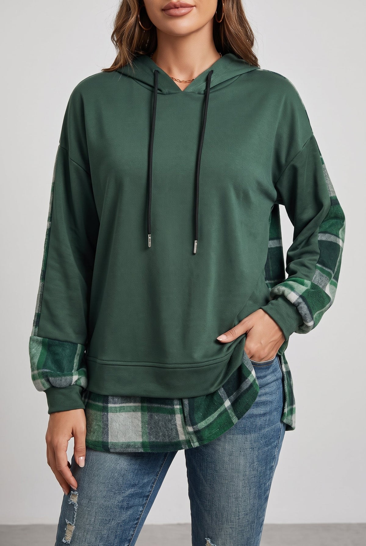 Women's Oversized Plaid Hoodie with Layered Look - Green