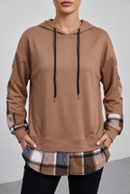 Women's Oversized Plaid Hoodie with Layered Look - Khaki